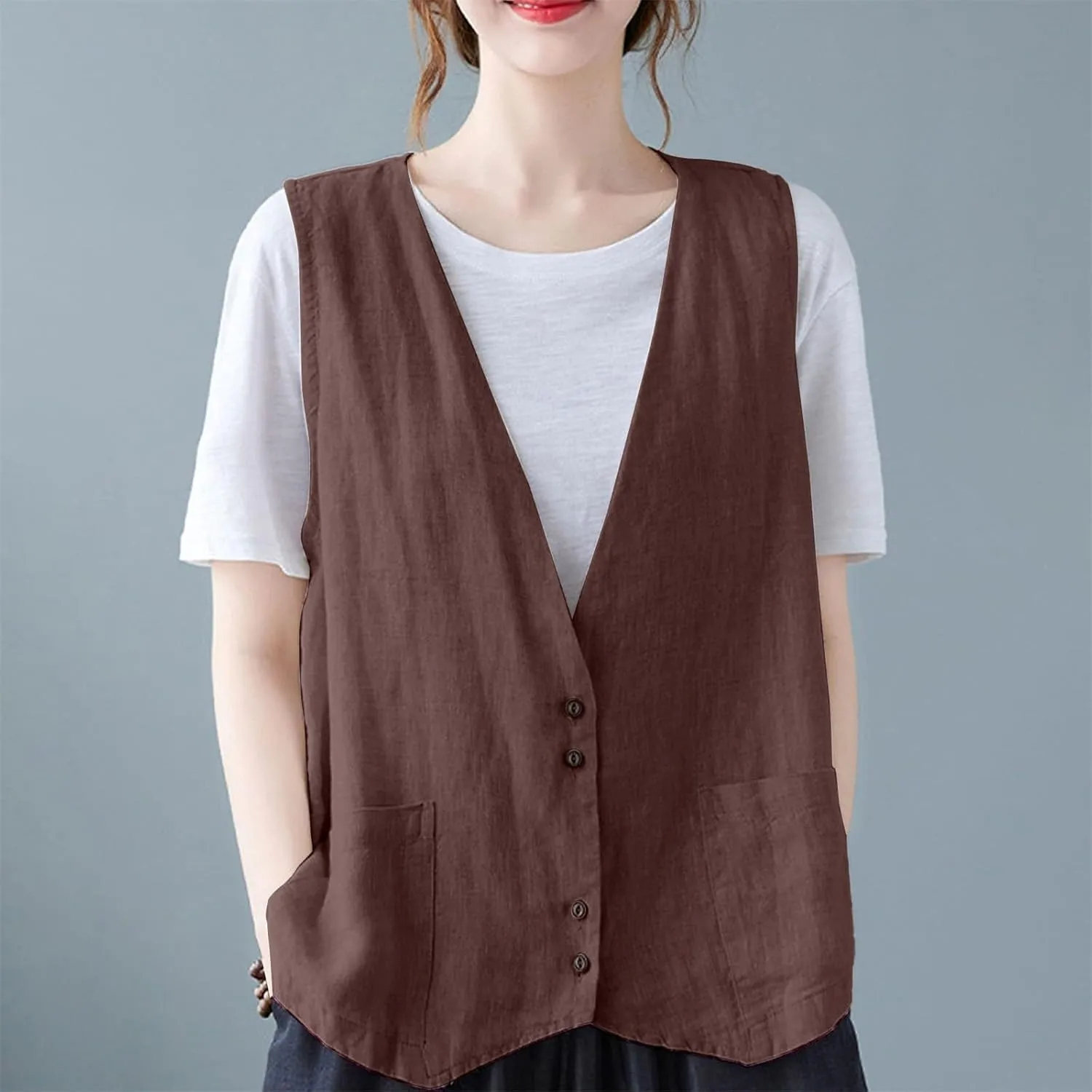 Womens Cotton Linen Vest Casual Loose V Neck Sleeveless Vests With Pockets Summer Clothing