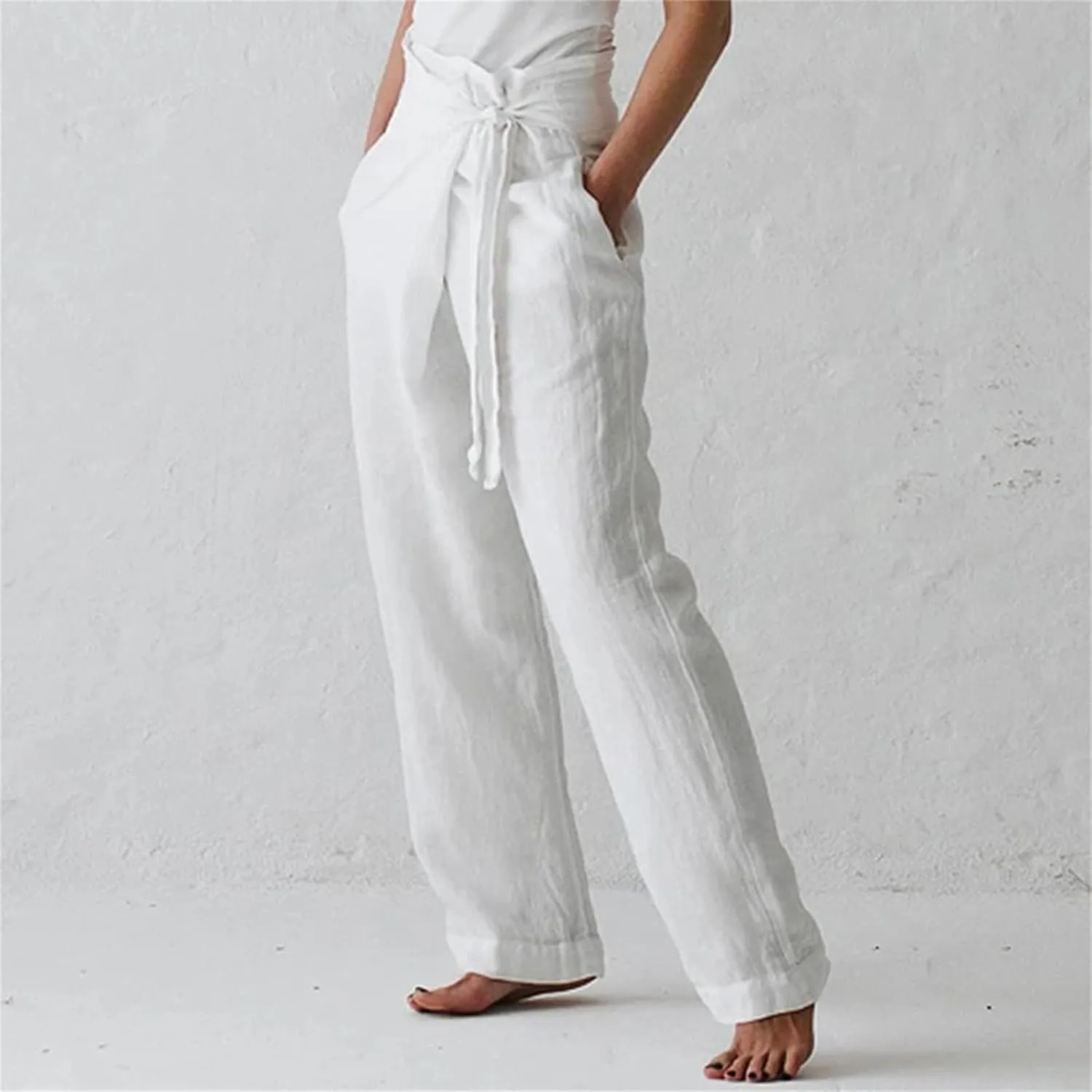 Womens Cotton Linen Wide Leg Pants High Waisted Adjustable Tie Knot Trousers Summer Casual Loose Pants for Women