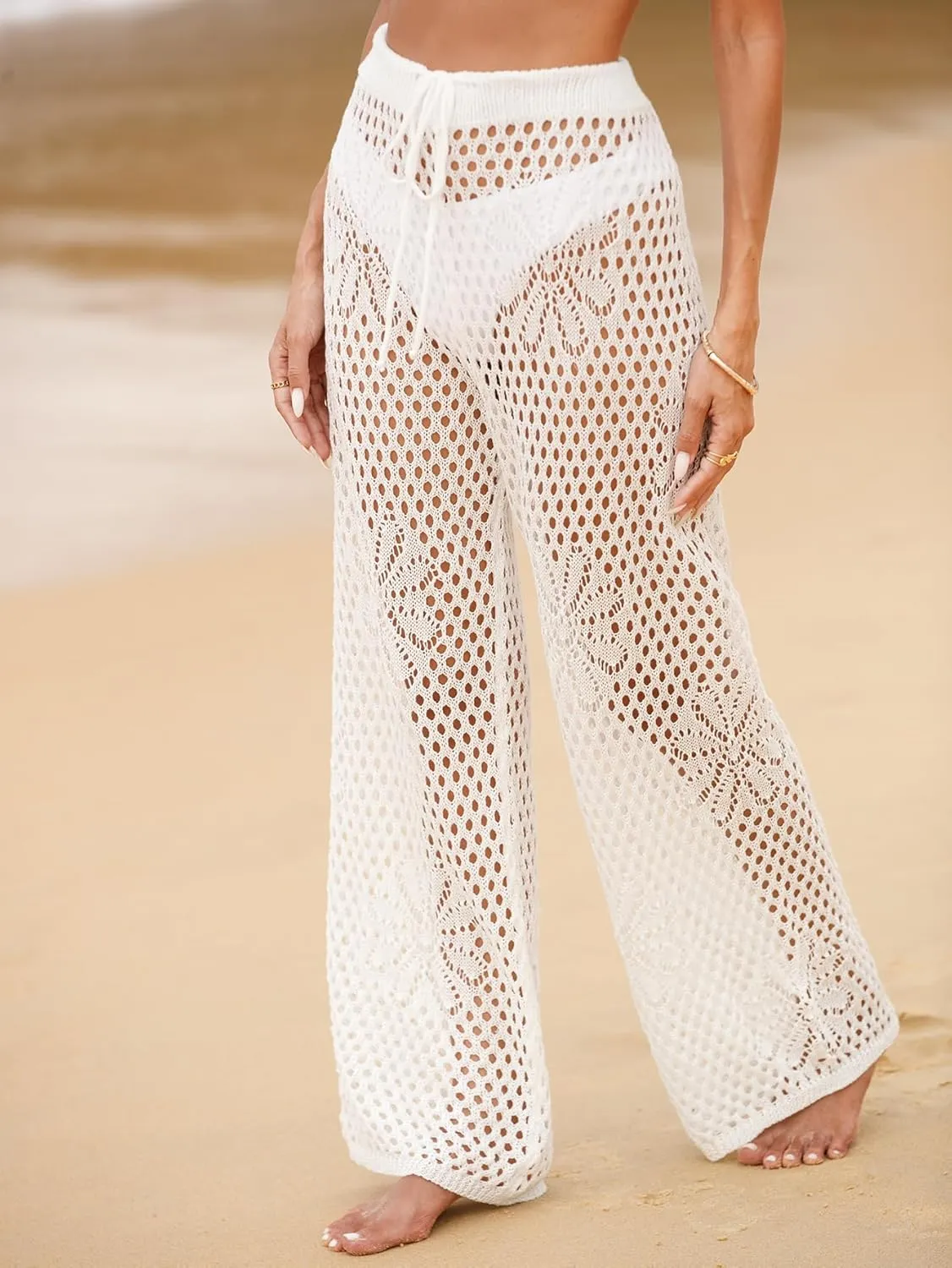 Womens Crochet Cover Up Pants Swimsuit Coverup Mesh Sheer High Waisted Drawstring Beach Pants