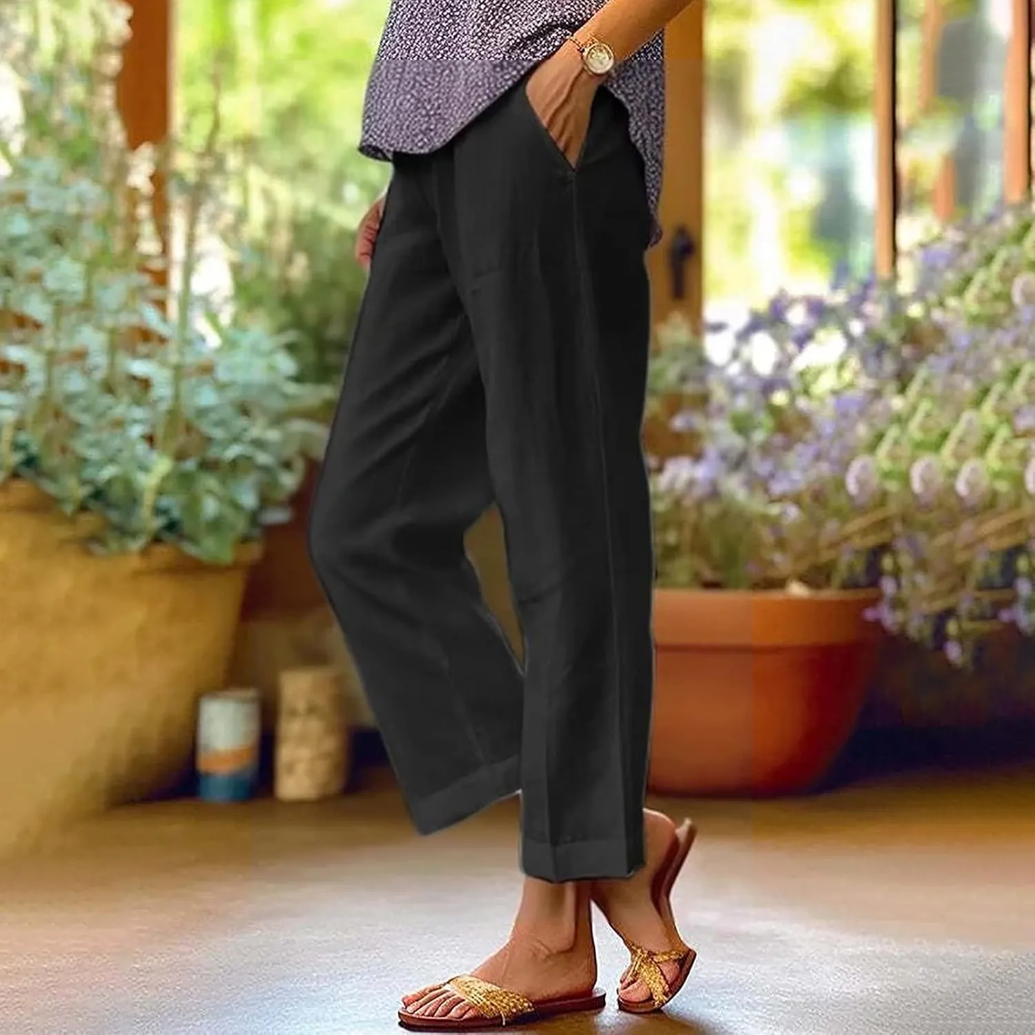 Womens Cropped Linen Pants Summer Elastic Waist Straight Leg Plus Size Crop Pants Casual Beach Trousers with Pockets