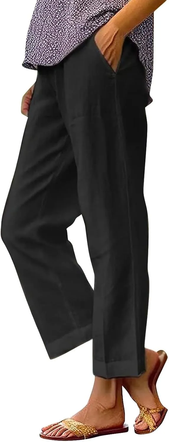 Womens Cropped Linen Pants Summer Elastic Waist Straight Leg Plus Size Crop Pants Casual Beach Trousers with Pockets