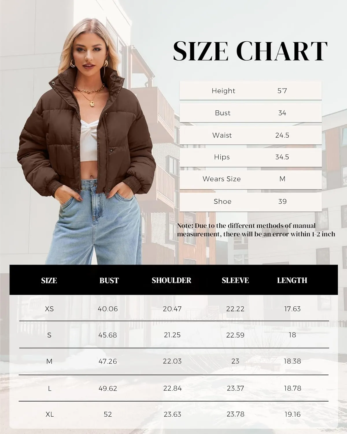 Women's Cropped Puffer Jacket Long Sleeve Puffy Coat Winter Lightweight Quilted Padded Outwear with Pockets