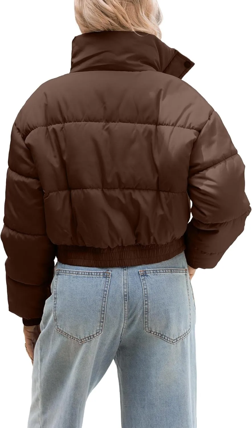 Women's Cropped Puffer Jacket Long Sleeve Puffy Coat Winter Lightweight Quilted Padded Outwear with Pockets