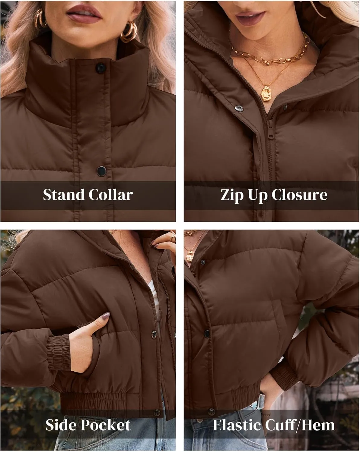 Women's Cropped Puffer Jacket Long Sleeve Puffy Coat Winter Lightweight Quilted Padded Outwear with Pockets