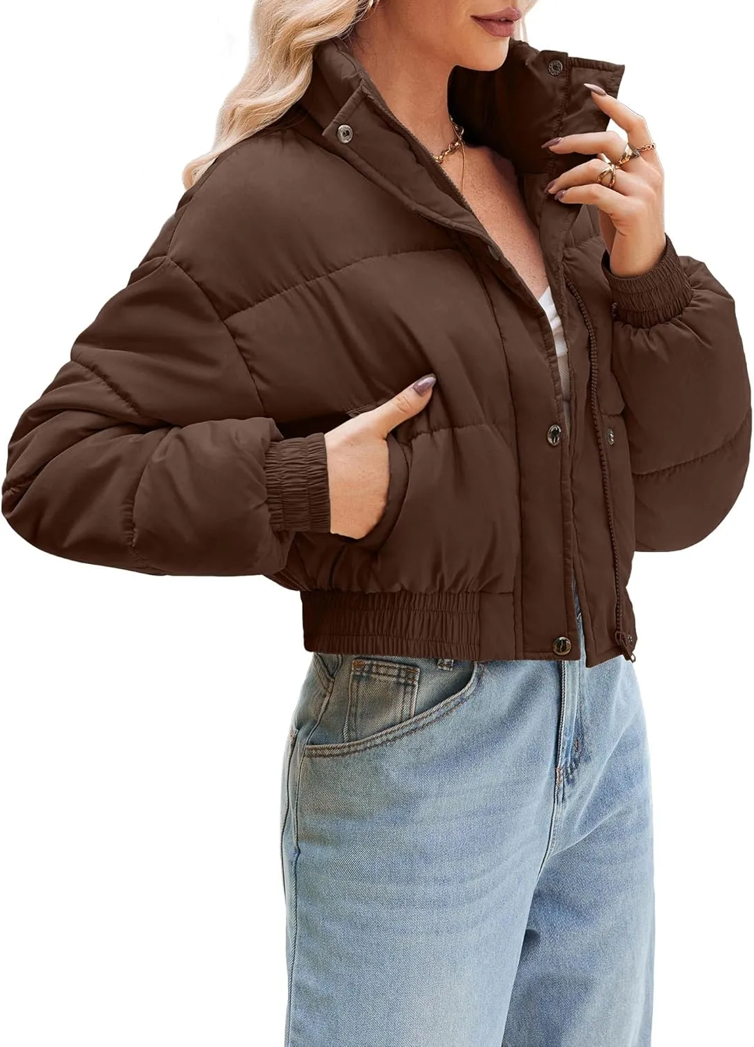 Women's Cropped Puffer Jacket Long Sleeve Puffy Coat Winter Lightweight Quilted Padded Outwear with Pockets