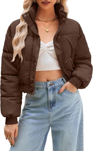Women's Cropped Puffer Jacket Long Sleeve Puffy Coat Winter Lightweight Quilted Padded Outwear with Pockets