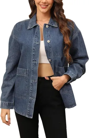 Women's Denim Jacket Oversize Long Sleeve Button Down Shirt Boyfriend Jeans Shacket Jacket Coat with Pocket