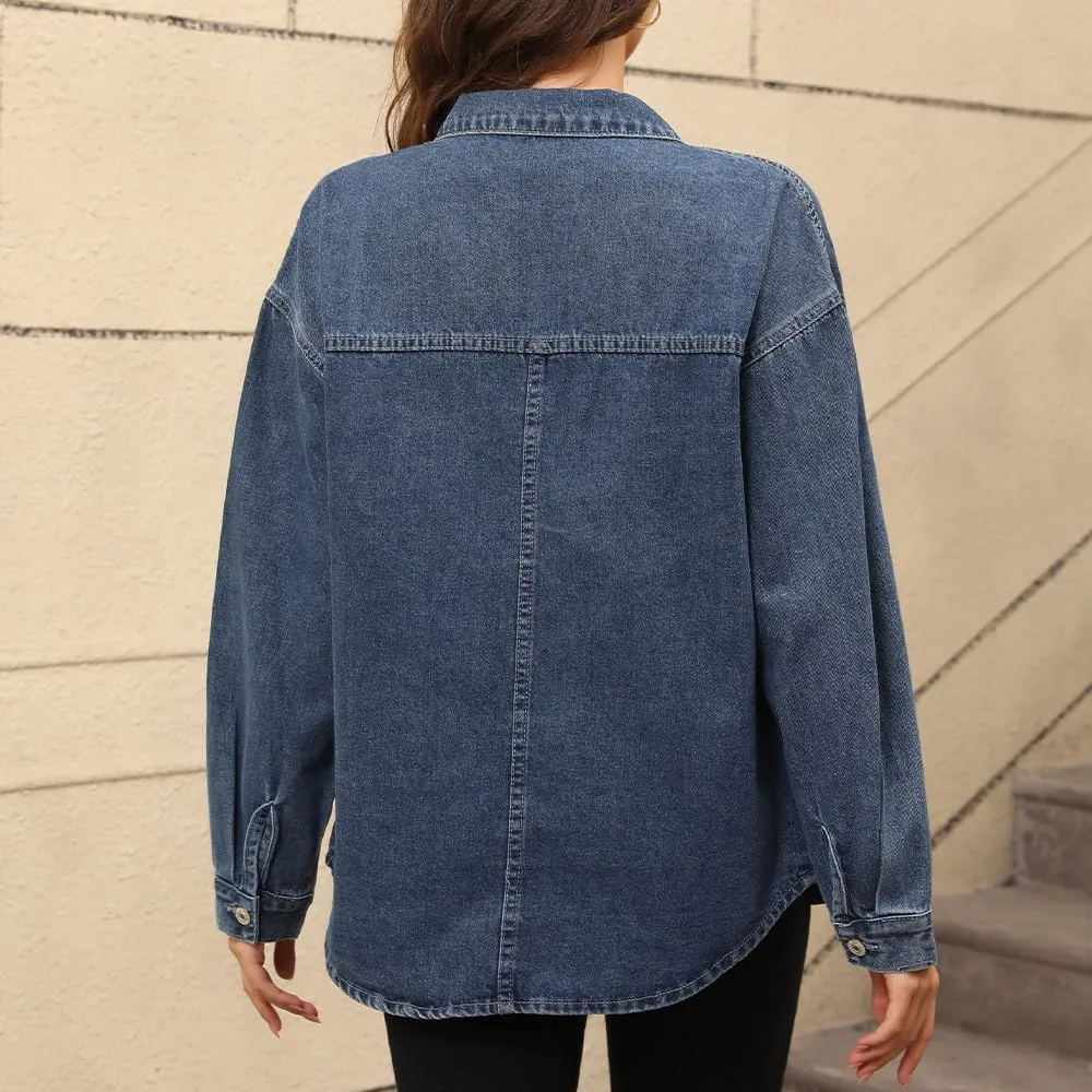 Women's Denim Jacket Oversize Long Sleeve Button Down Shirt Boyfriend Jeans Shacket Jacket Coat with Pocket
