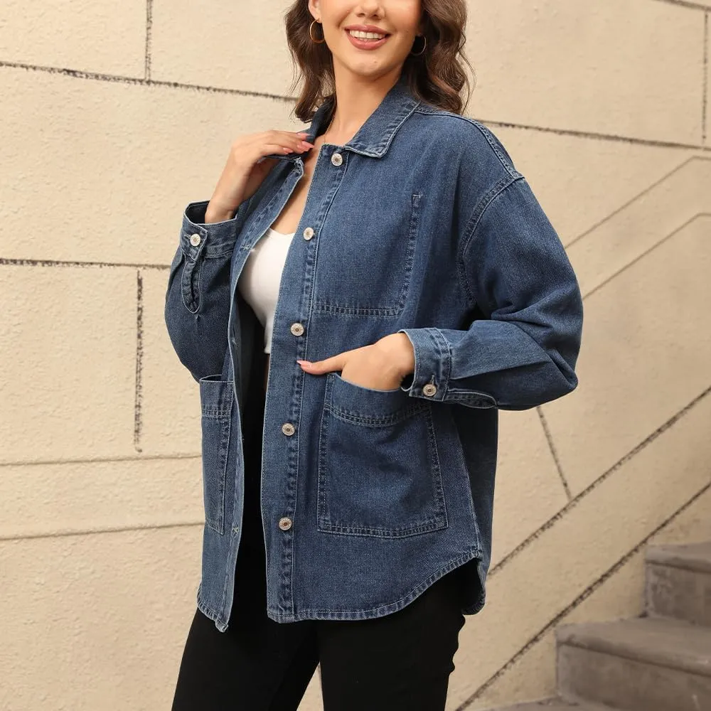 Women's Denim Jacket Oversize Long Sleeve Button Down Shirt Boyfriend Jeans Shacket Jacket Coat with Pocket
