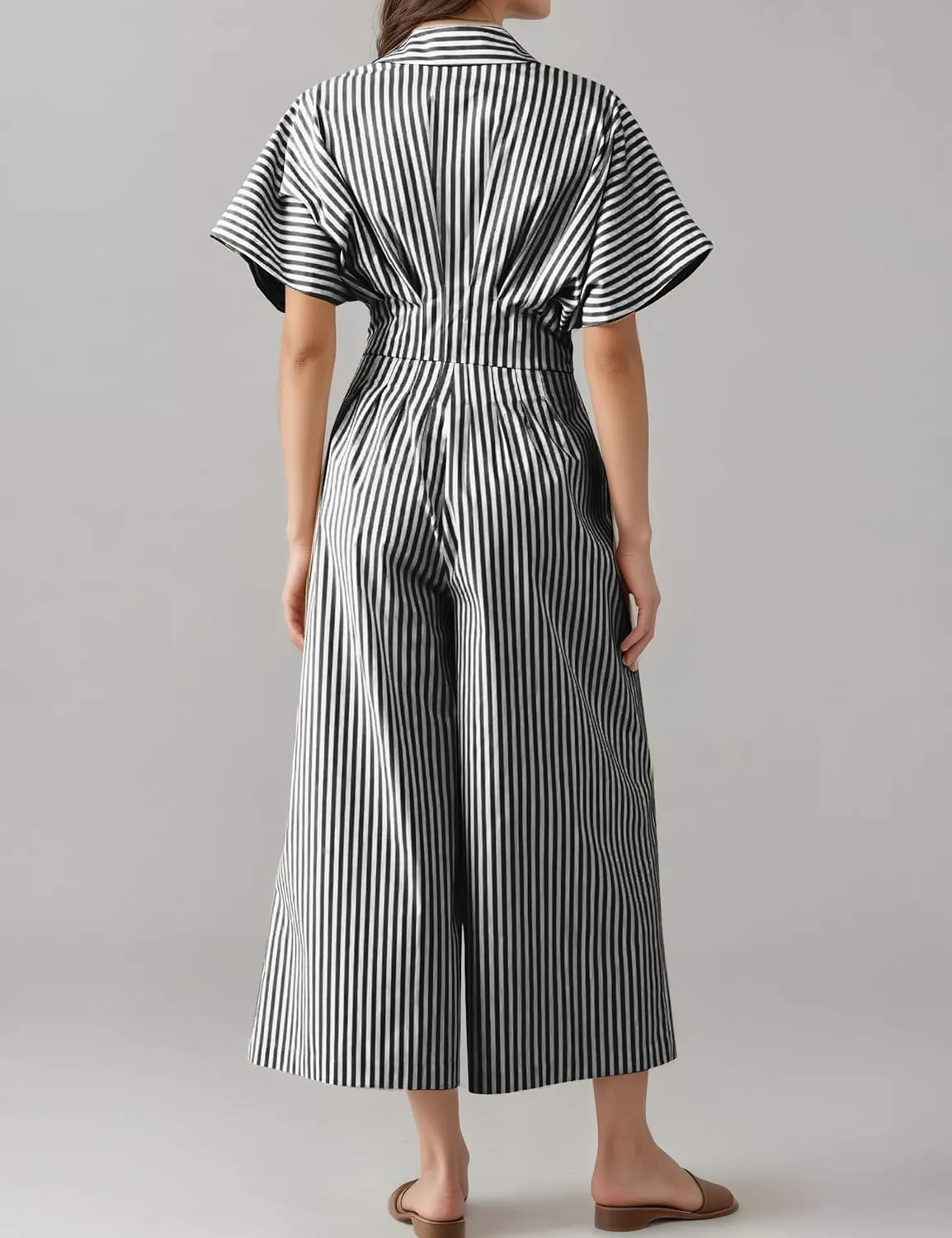 Women's Dressy Casual Loose Jumpsuits One Piece Striped Short Sleeve Button Down Shirt Wide Leg Rompers Summer Outfit