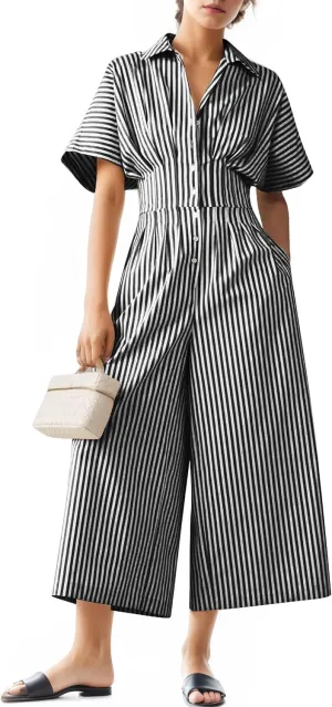 Women's Dressy Casual Loose Jumpsuits One Piece Striped Short Sleeve Button Down Shirt Wide Leg Rompers Summer Outfit