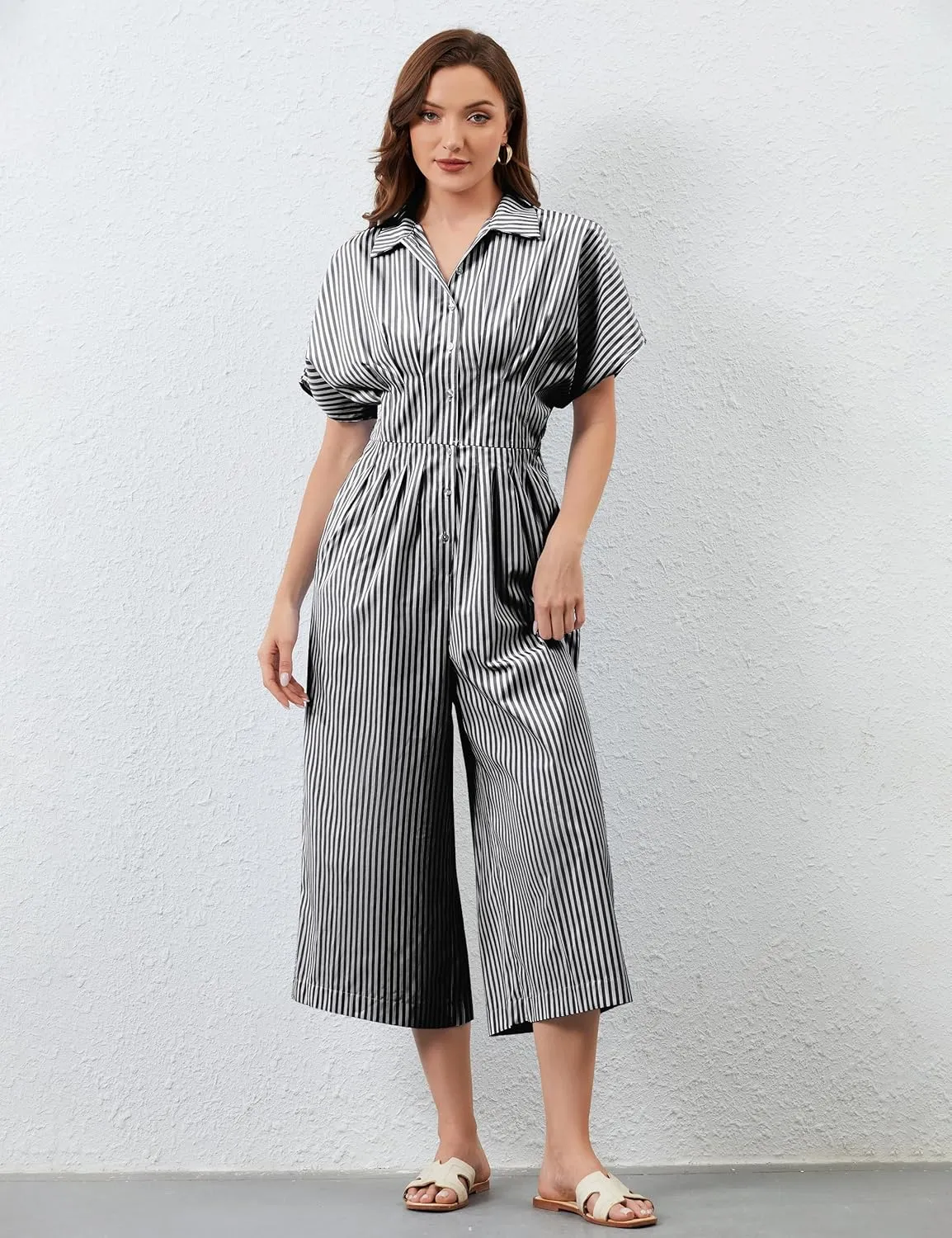 Women's Dressy Casual Loose Jumpsuits One Piece Striped Short Sleeve Button Down Shirt Wide Leg Rompers Summer Outfit