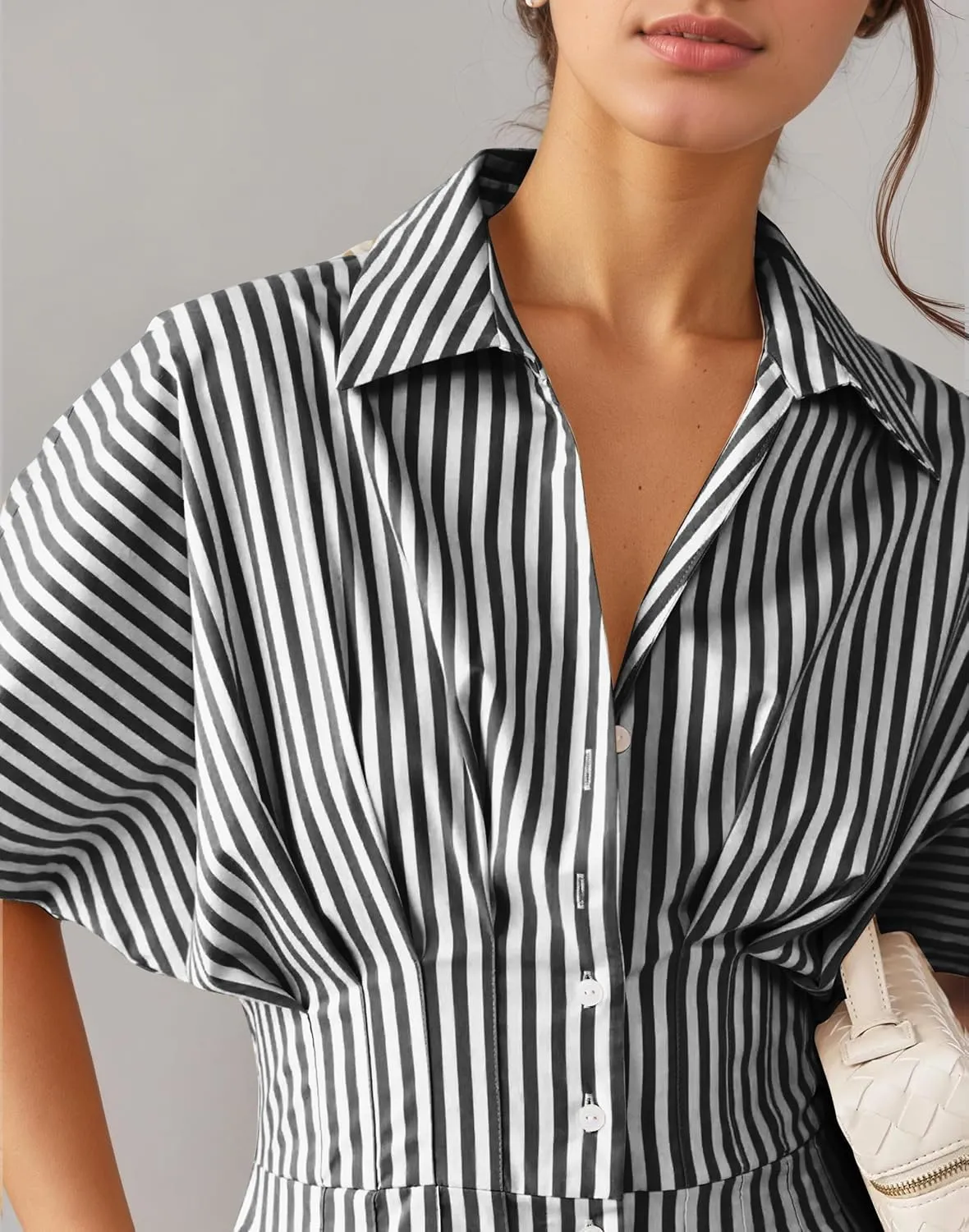 Women's Dressy Casual Loose Jumpsuits One Piece Striped Short Sleeve Button Down Shirt Wide Leg Rompers Summer Outfit