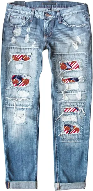 Women's Fashion Jeans 2024 Women's Fashion Football Print Jeans Print Ripped Casual Denim Pants for Women