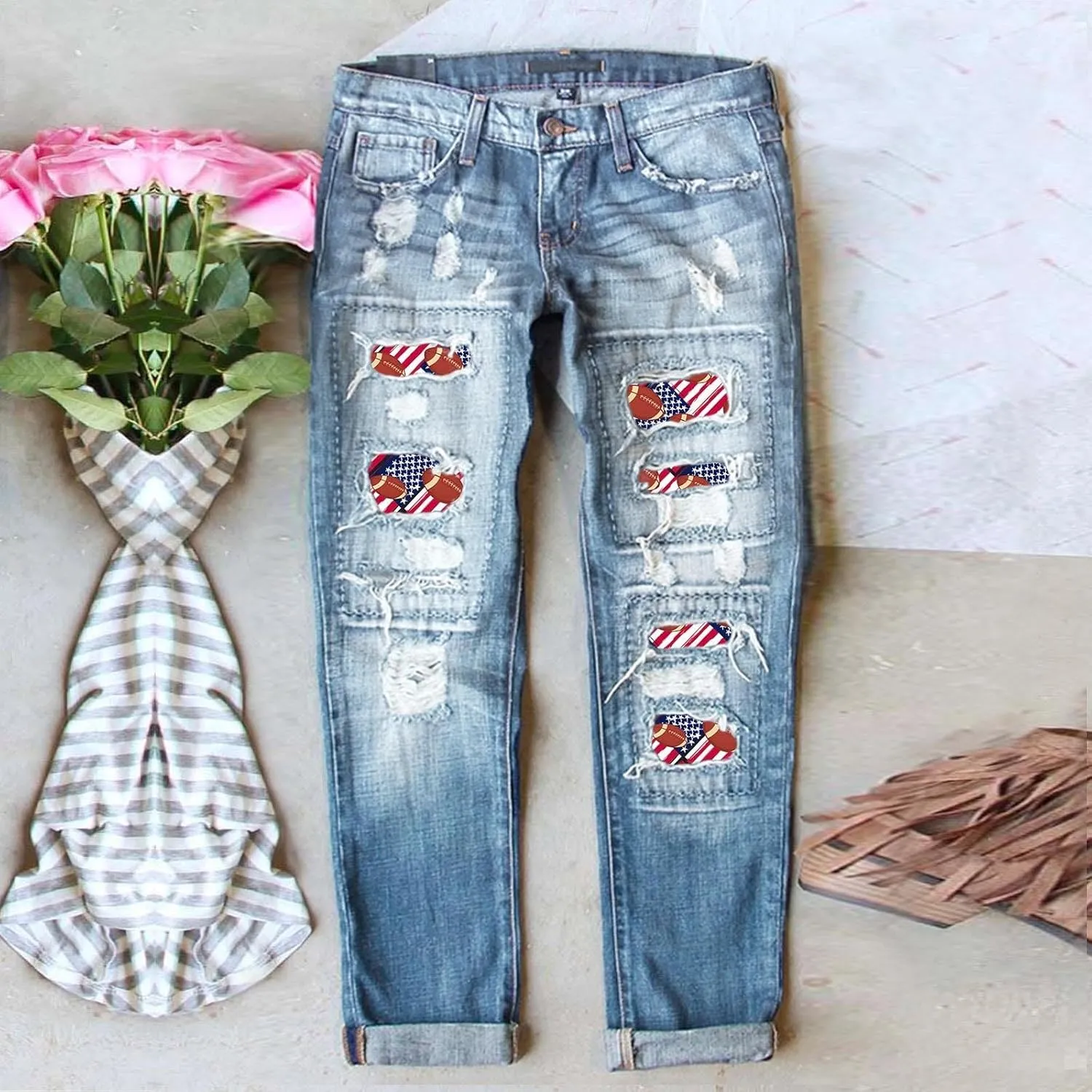 Women's Fashion Jeans 2024 Women's Fashion Football Print Jeans Print Ripped Casual Denim Pants for Women
