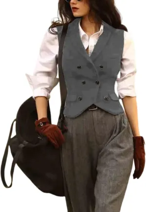 Womens Herringbone Tweed Single Breasted Waistcoat Casual Office Wear Vest Sleeveless Jacket
