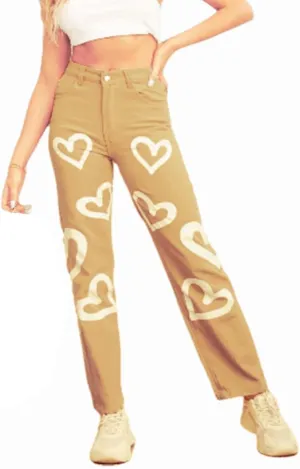 Women's High Waist Heart Print Wide Leg Loost Fit Vintage Boyfriend Jeans Teen Girls Streetwear Denim Pants