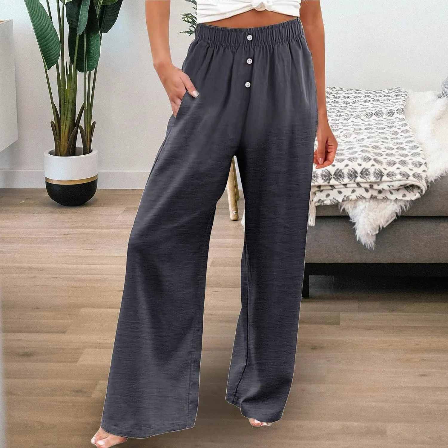Women's High Waist Linen Pants Casual Loose Drawstring Pant Summer Palazzo Wide Leg Trousers Business Work Pants