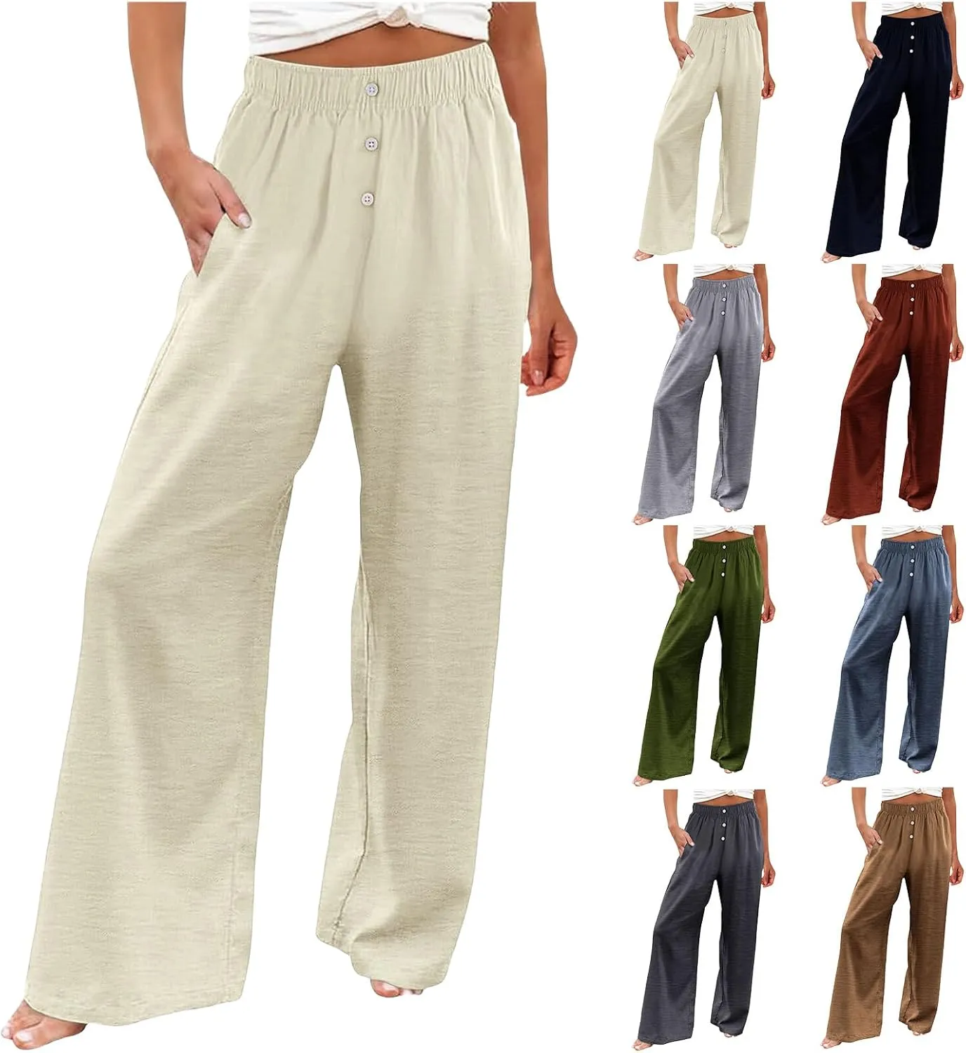 Women's High Waist Linen Pants Casual Loose Drawstring Pant Summer Palazzo Wide Leg Trousers Business Work Pants