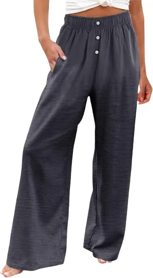 Women's High Waist Linen Pants Casual Loose Drawstring Pant Summer Palazzo Wide Leg Trousers Business Work Pants