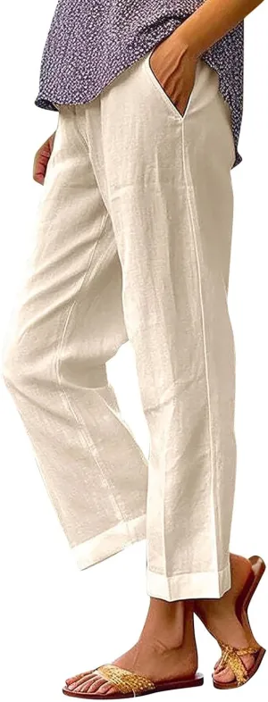 Women's Knee Length Capri Pants 2025 Summer Cotton Linen Straight Split Leg Loose Beach Shorts Trouser with Pocket