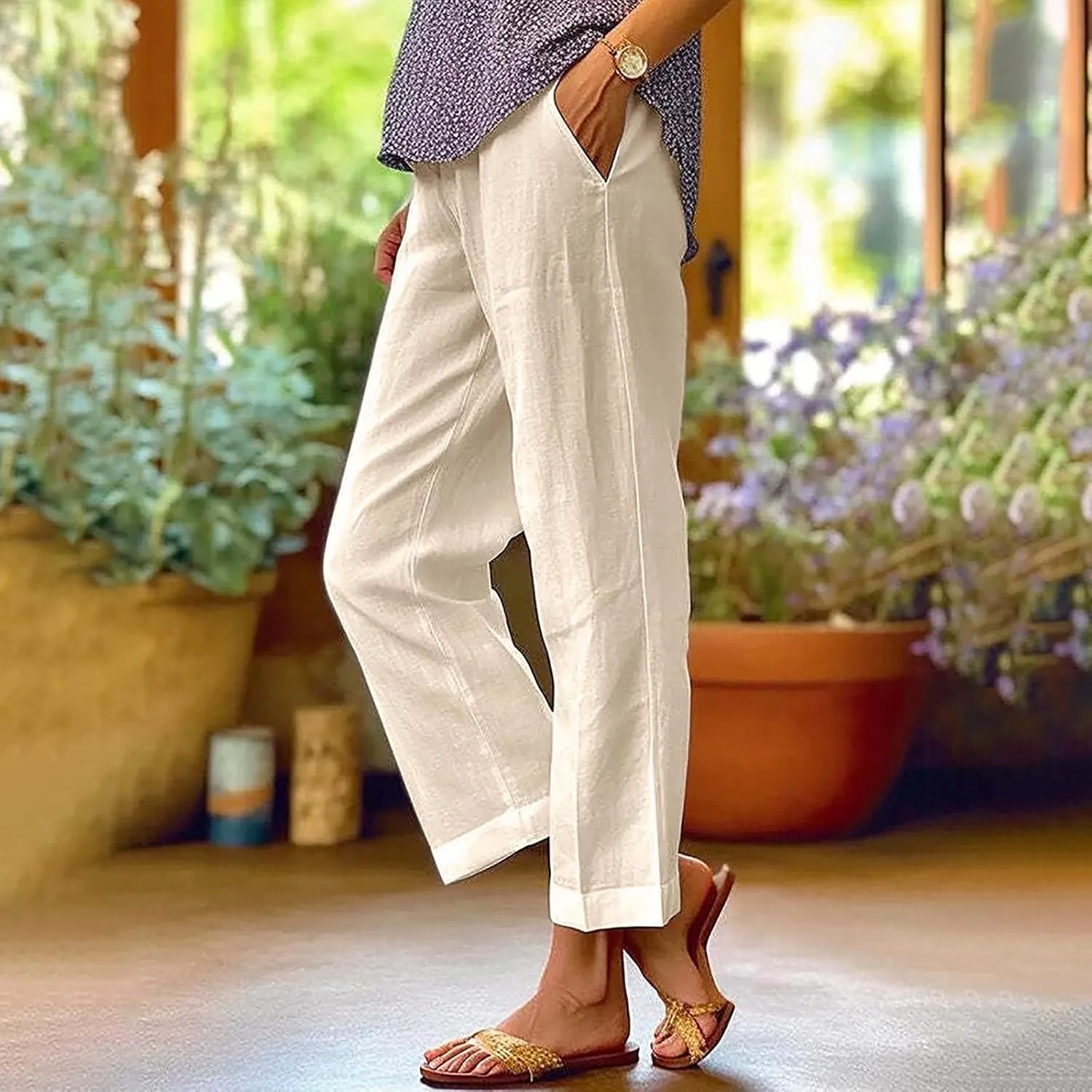Women's Knee Length Capri Pants 2025 Summer Cotton Linen Straight Split Leg Loose Beach Shorts Trouser with Pocket