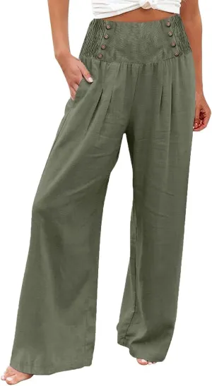 Women's Linen Blend Summer Flowy Pant Trousers Low Waist Ankle Length Loose Fit Trousers Vacation