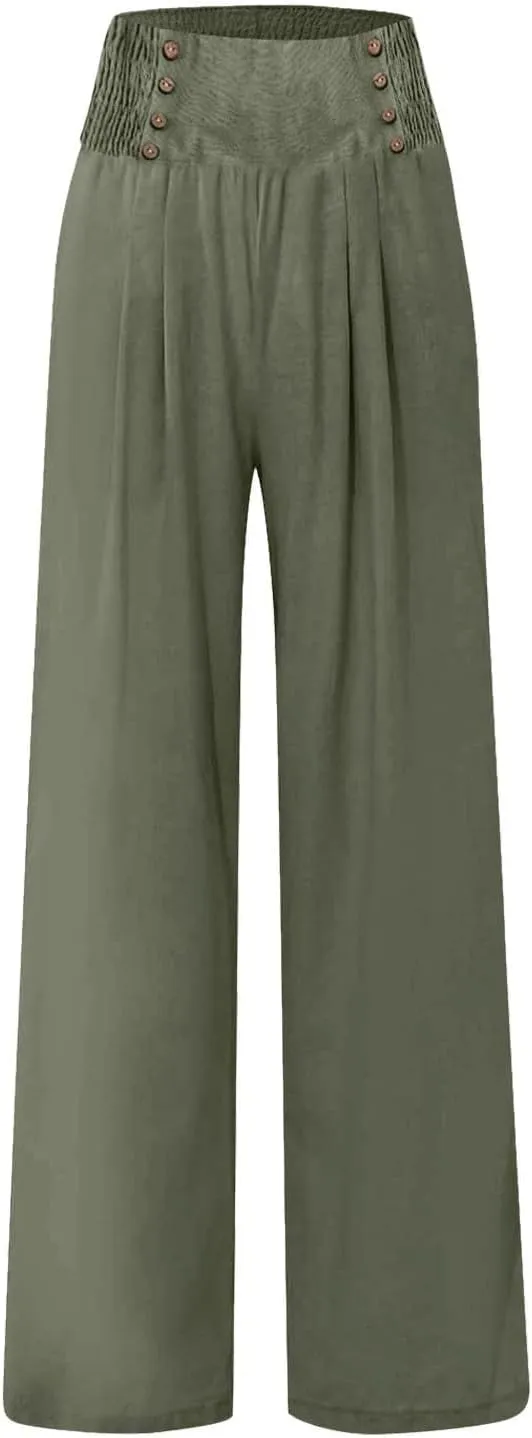 Women's Linen Blend Summer Flowy Pant Trousers Low Waist Ankle Length Loose Fit Trousers Vacation