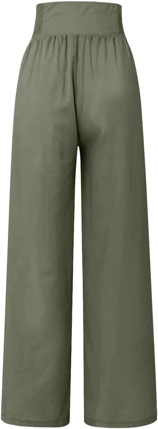 Women's Linen Blend Summer Flowy Pant Trousers Low Waist Ankle Length Loose Fit Trousers Vacation