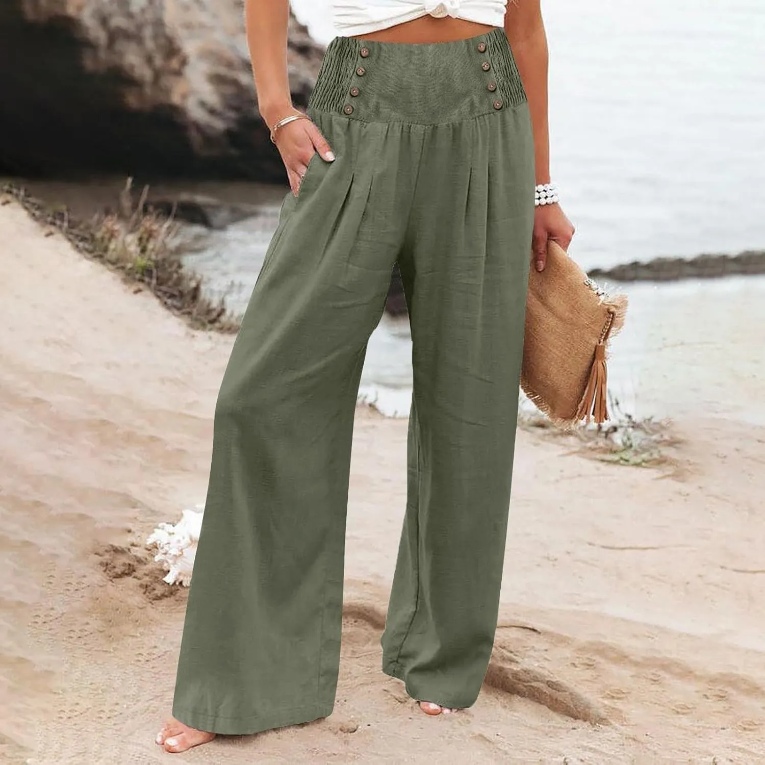Women's Linen Blend Summer Flowy Pant Trousers Low Waist Ankle Length Loose Fit Trousers Vacation