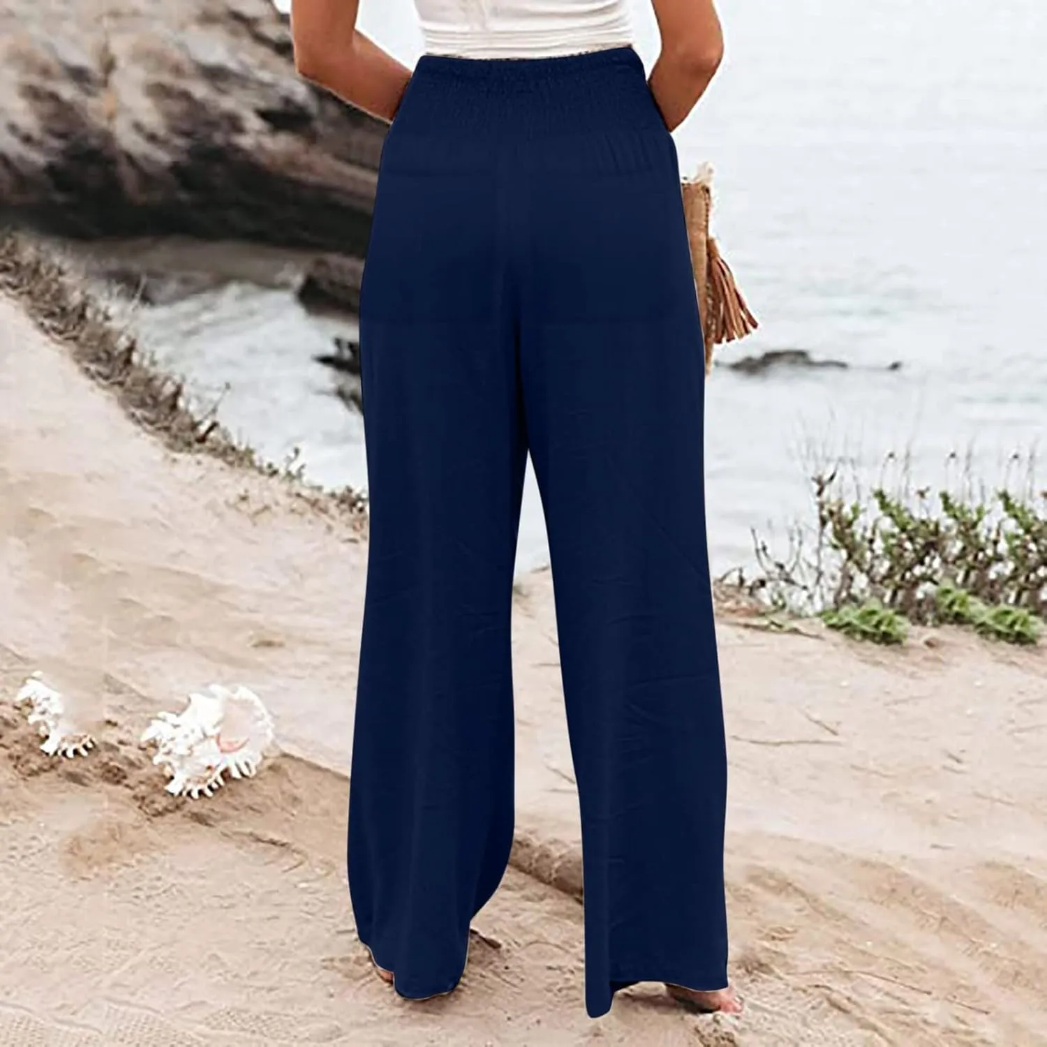 Womens Linen Blend Summer Trendy Palazzo Lounge Pants Elastic Waisted Wide Leg Slim Fit Pants Travel