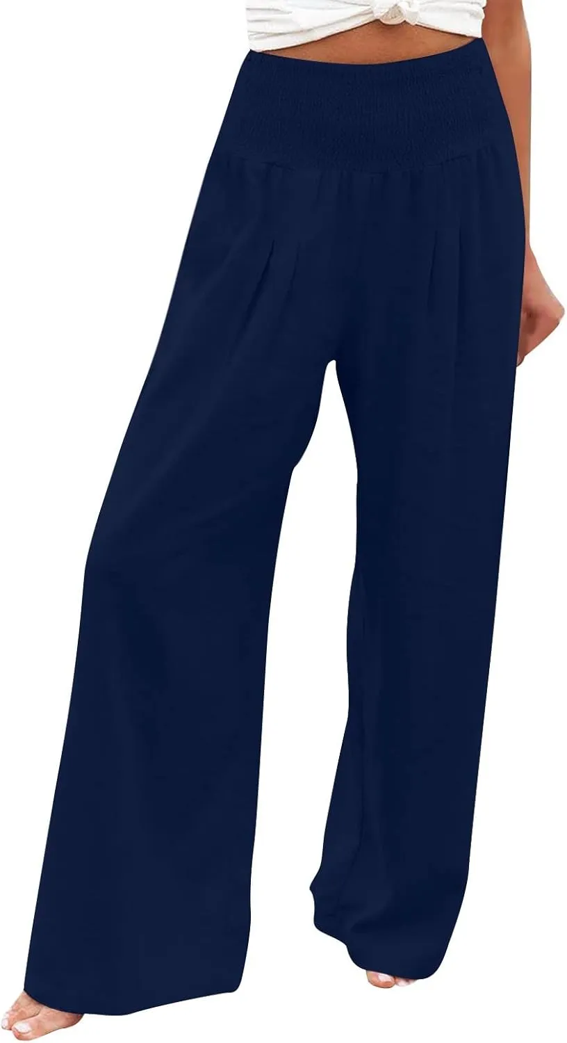 Womens Linen Blend Summer Trendy Palazzo Lounge Pants Elastic Waisted Wide Leg Slim Fit Pants Travel