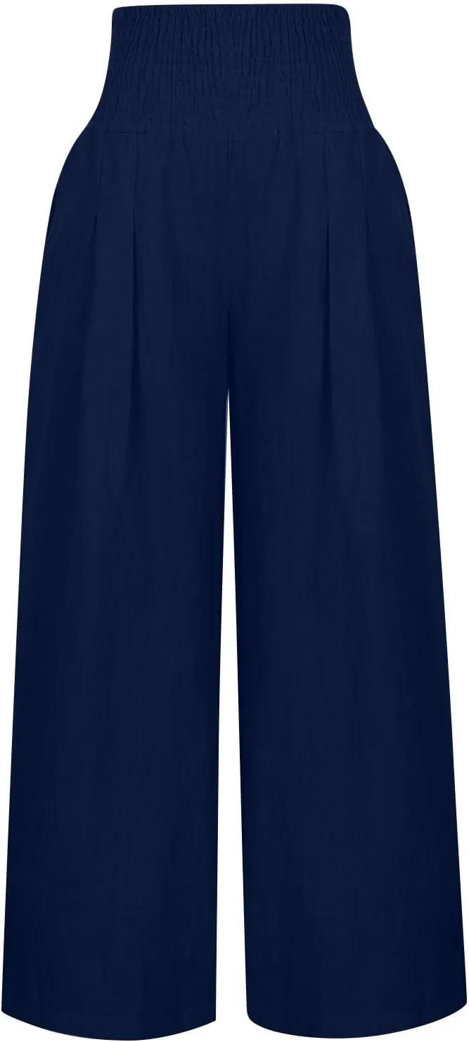 Womens Linen Blend Summer Trendy Palazzo Lounge Pants Elastic Waisted Wide Leg Slim Fit Pants Travel