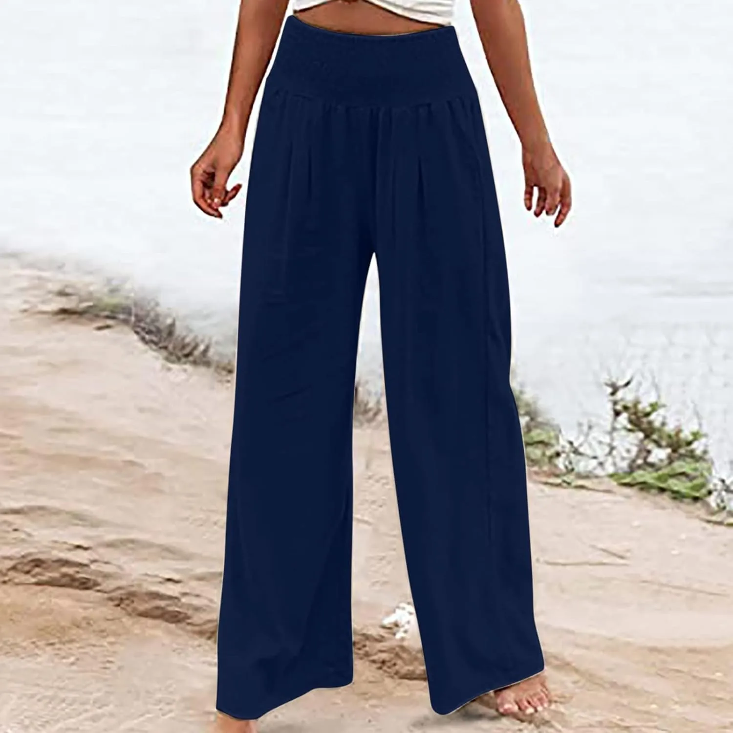 Womens Linen Blend Summer Trendy Palazzo Lounge Pants Elastic Waisted Wide Leg Slim Fit Pants Travel
