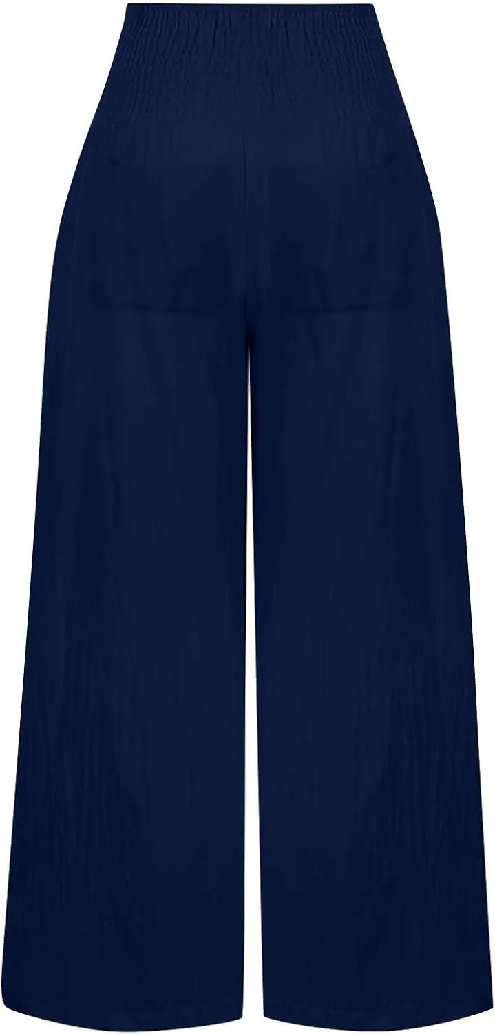 Womens Linen Blend Summer Trendy Palazzo Lounge Pants Elastic Waisted Wide Leg Slim Fit Pants Travel