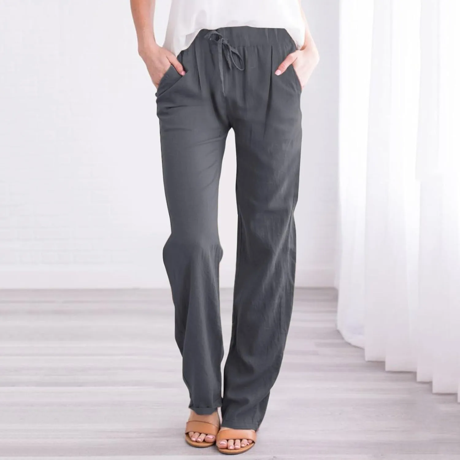 Women's Linen Capri Pants Elastic Pants Long Drawstring Linen Women Waist Comfy Gauze Casual Lightweight Loose