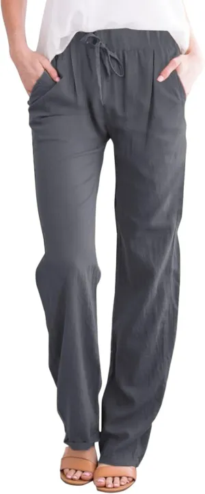 Women's Linen Capri Pants Elastic Pants Long Drawstring Linen Women Waist Comfy Gauze Casual Lightweight Loose