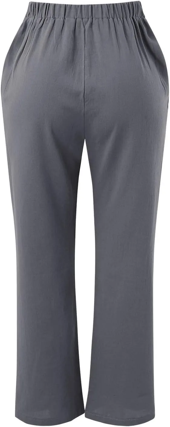 Women's Linen Capri Pants Elastic Pants Long Drawstring Linen Women Waist Comfy Gauze Casual Lightweight Loose