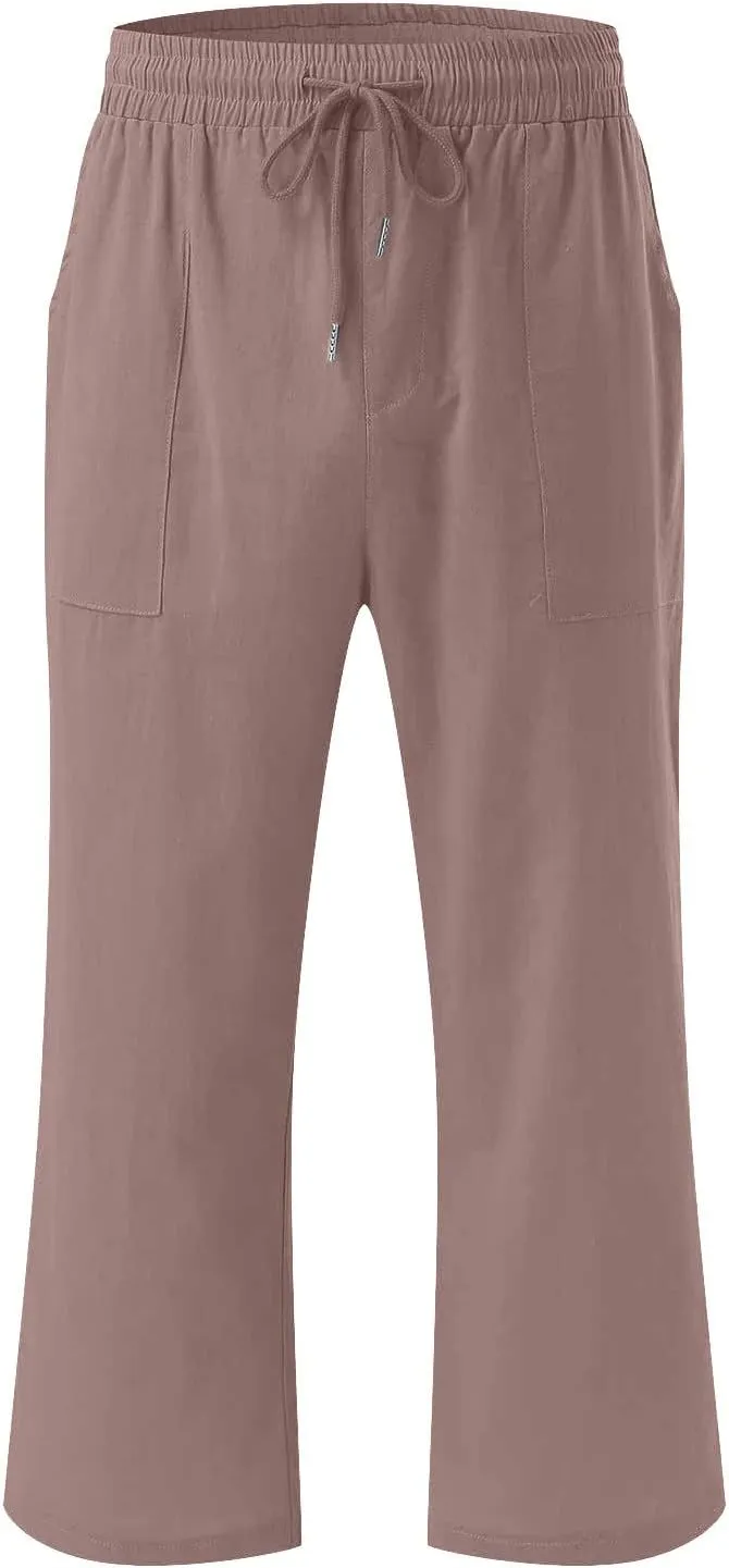 Womens Linen Capri Pants Summer Casual Capris with Pockets Comfy Palazzo Short Trousers High Waisted Cropped Pants