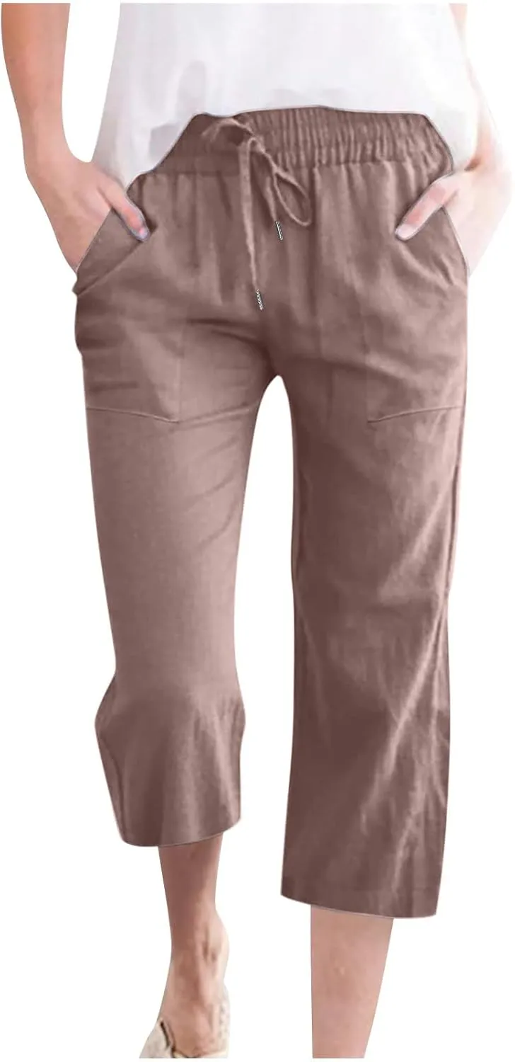 Womens Linen Capri Pants Summer Casual Capris with Pockets Comfy Palazzo Short Trousers High Waisted Cropped Pants