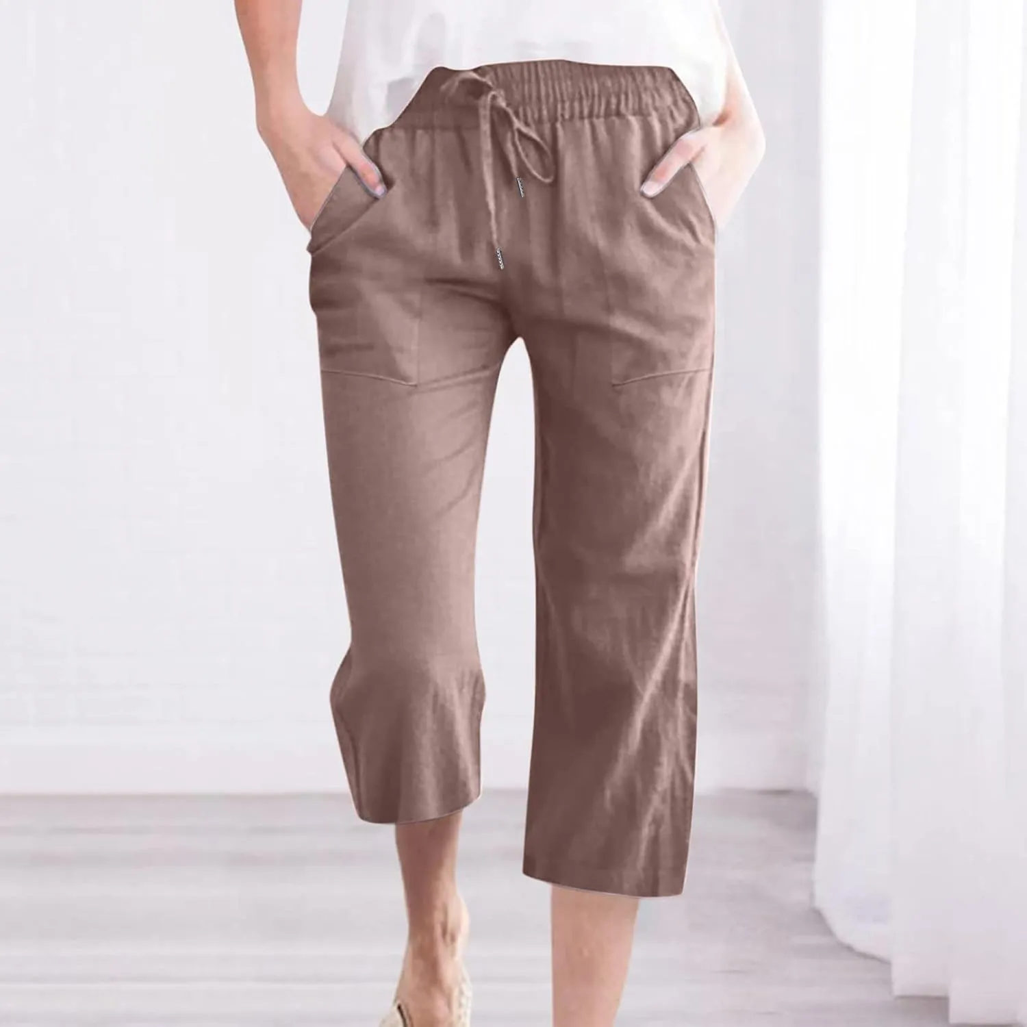 Womens Linen Capri Pants Summer Casual Capris with Pockets Comfy Palazzo Short Trousers High Waisted Cropped Pants