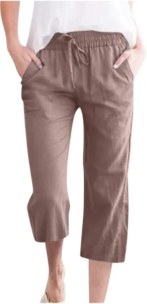 Womens Linen Capri Pants Summer Casual Capris with Pockets Comfy Palazzo Short Trousers High Waisted Cropped Pants