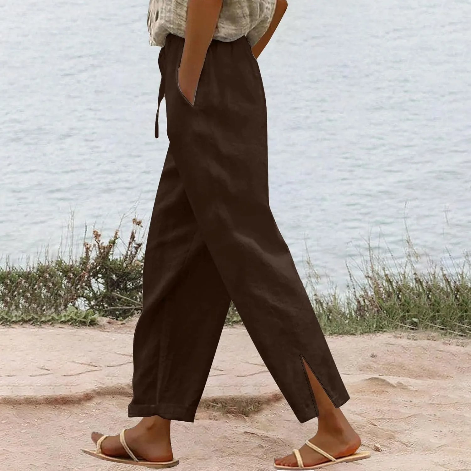 Women's Linen Capri Pants with Drawstring Pants Comfy Gauze Casual Lightweight Loose Trousers Women's Cotton Linen