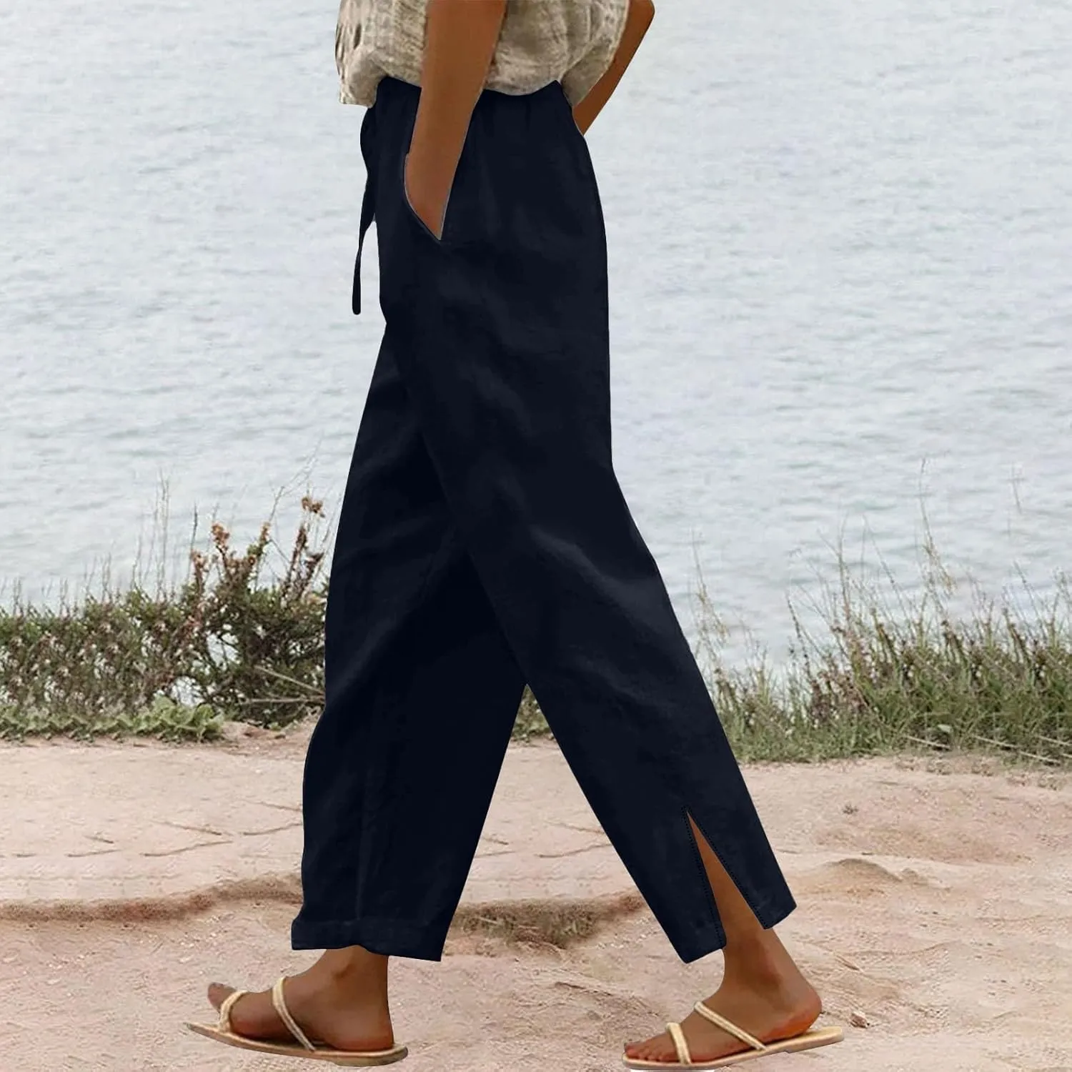 Women's Linen Capri Pants with Drawstring Petite High Waist Elastic Straight Leg Lounge Summer Beachwear Pants