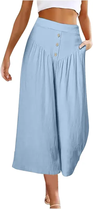 Women's Linen Pants Capri Elastic Waist Trousers High Waisted Palazzo Pants Belted Wide Leg Trousers with Pockets