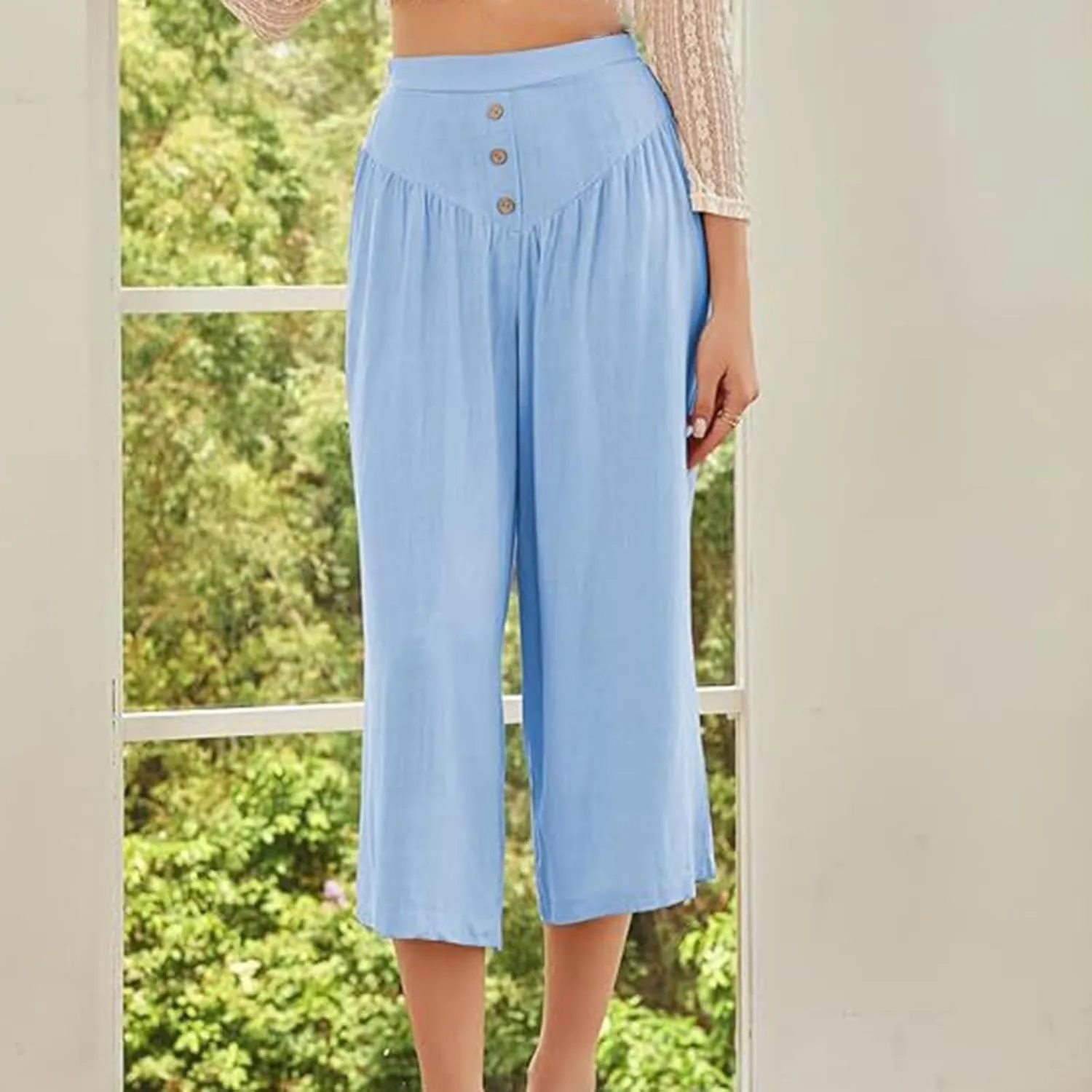 Women's Linen Pants Capri Elastic Waist Trousers High Waisted Palazzo Pants Belted Wide Leg Trousers with Pockets