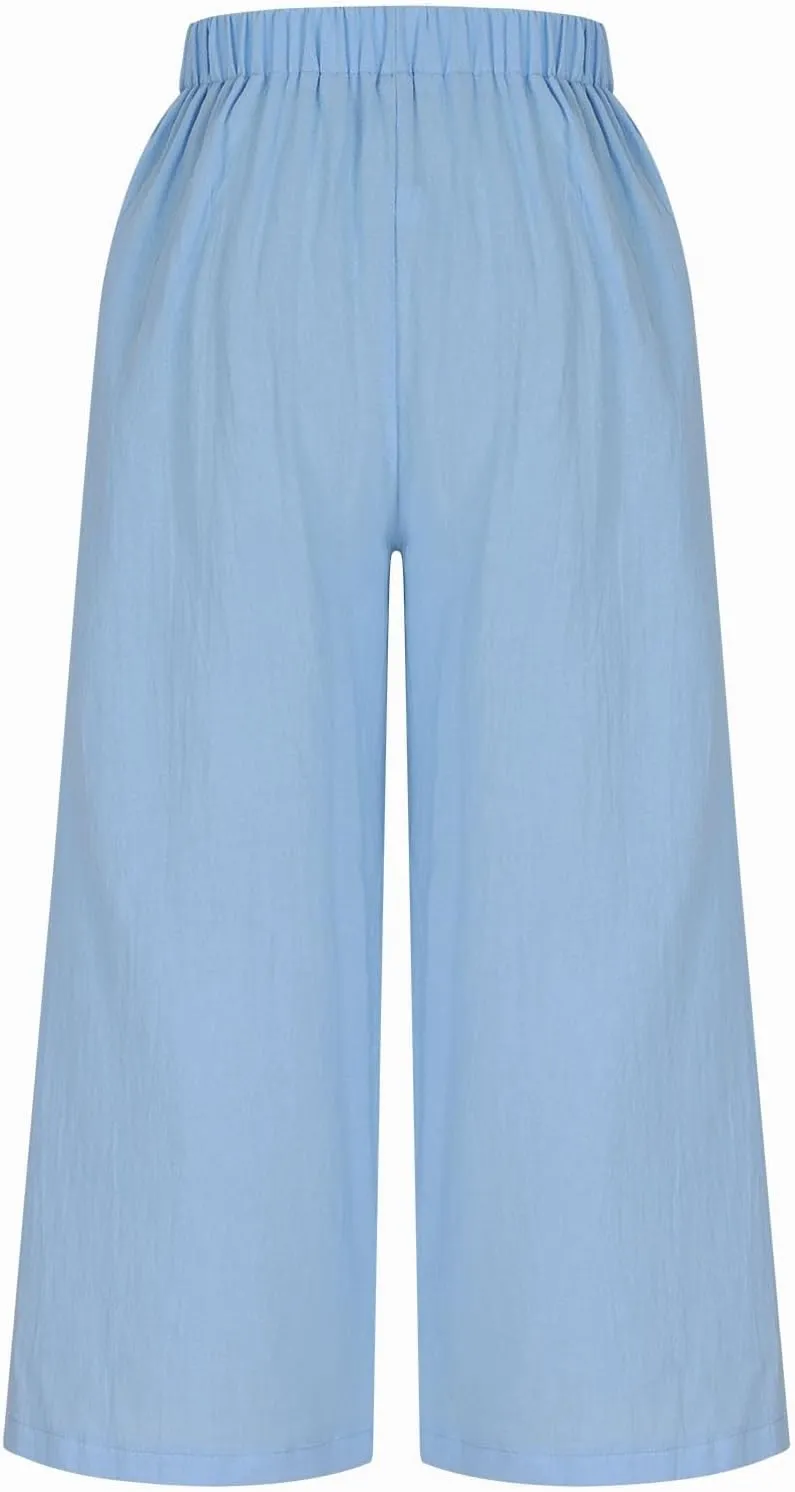 Women's Linen Pants Capri Elastic Waist Trousers High Waisted Palazzo Pants Belted Wide Leg Trousers with Pockets
