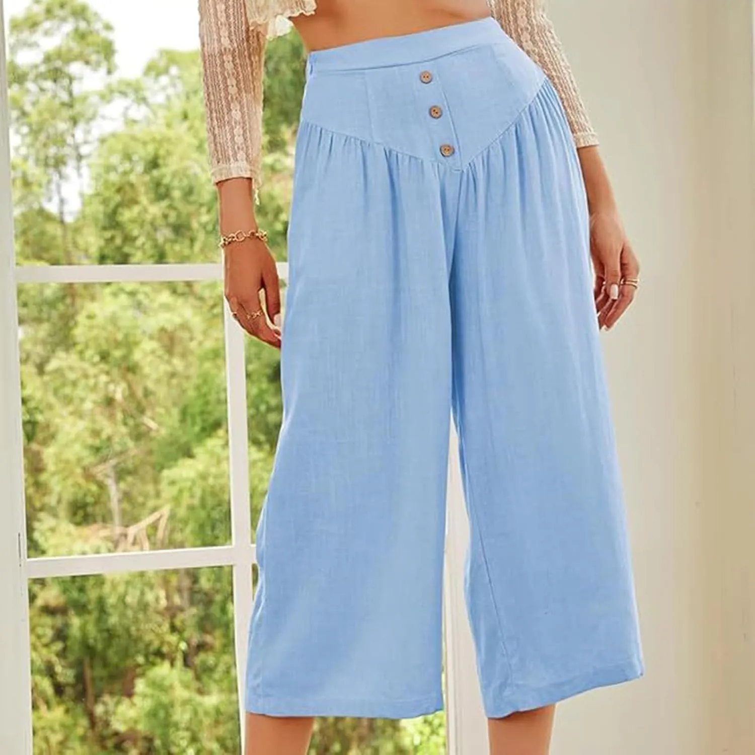 Women's Linen Pants Capri Elastic Waist Trousers High Waisted Palazzo Pants Belted Wide Leg Trousers with Pockets
