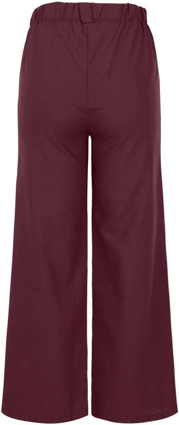 Womens Linen Pants Casual Summer Wide Leg High Waisted Button Pants Solid Color Straight Palazzo 2025 Long Trousers