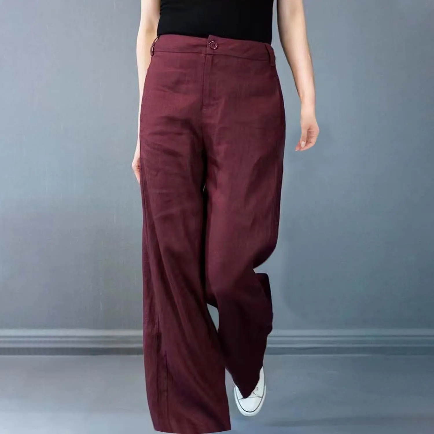 Womens Linen Pants Casual Summer Wide Leg High Waisted Button Pants Solid Color Straight Palazzo 2025 Long Trousers